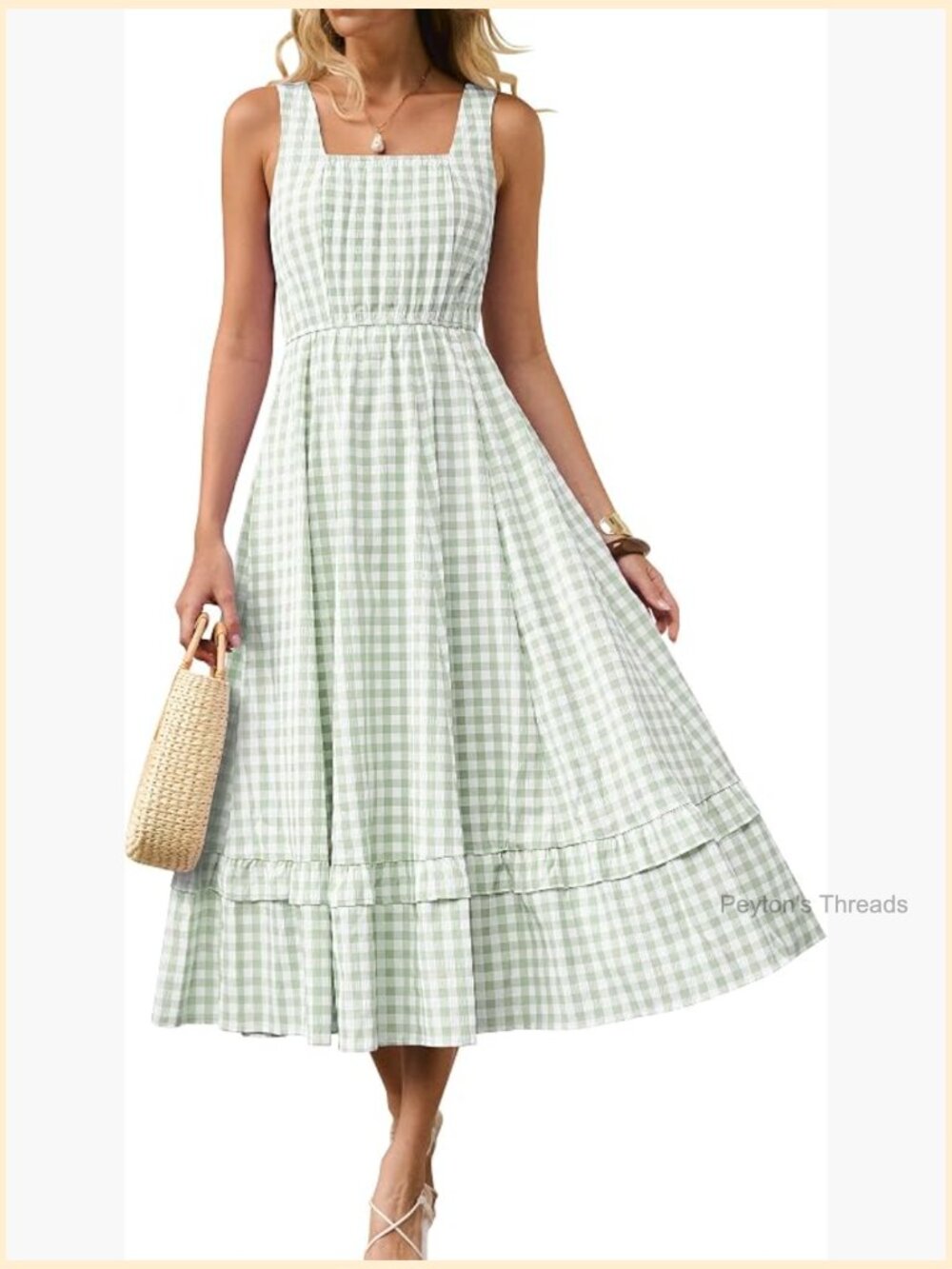 Womens Summer Casual Gingham Plaid Midi Dress Sleeveless Square Neck Flowy with - Picture 1 of 7